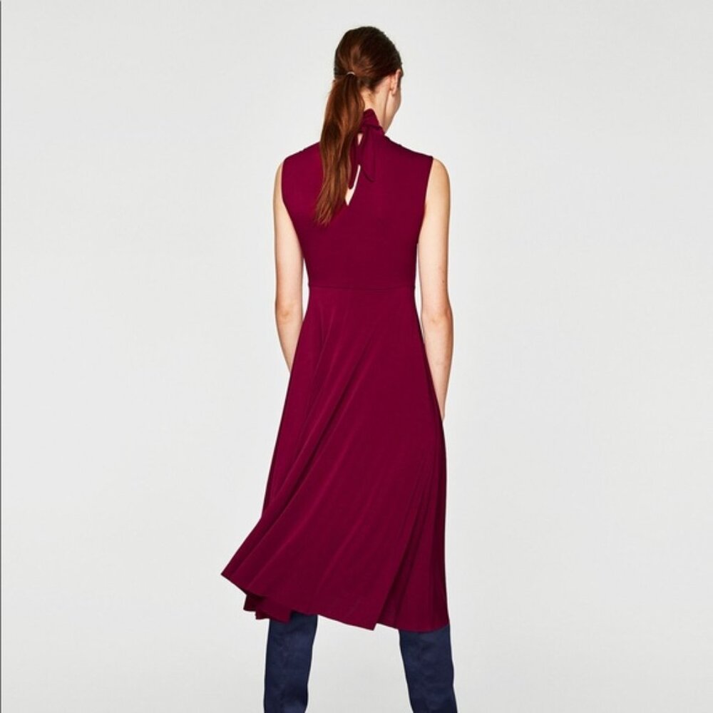 NWT Zara Burgundy XS S Plum Bow Neck Tie Bow Jersey Fit Flare Flowy A-Line Midi - Picture 17 of 17